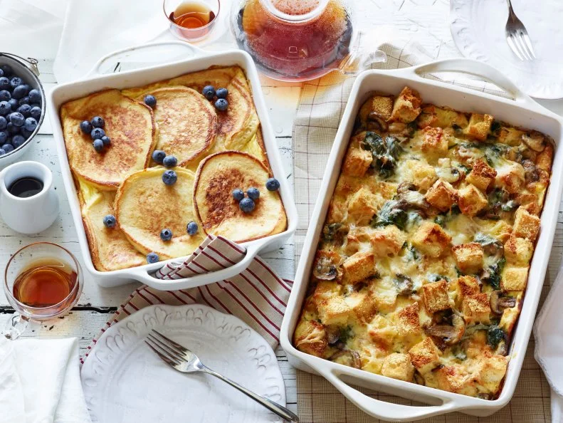PANCAKE BREAKFAST CASSEROLEFood Network KitchenFood NetworkButter, Flour, Baking Powder, Baking Soda, Sugar, Kosher Salt, Buttermilk, Eggs, HalfandHalf,Vanilla ExtractBREAKFAST CORNBREAD CASSEROLE WITH HAM AND KALEFood Network KitchenFood NetworkButter, Onion, Thyme, Kosher Salt, Black Pepper, Frozen Corn, Heavy Cream, Deli Ham, Kale,Yellow Cornmeal, Flour, Baking Powder, Sugar, Kosher Salt, Black Pepper, Sharp YellowCheddarPANETTONE FRENCH TOAST CASSEROLEFood Network KitchenFood NetworkButter, Panettone, Cherry Jam, Cream Cheese, HalfandHalf,Eggs, Sugar, Vanilla Extract,Cinnamon, Kosher Salt, Sliced Almonds, Confectionersâ   SugarCORNED BEEF HASH BROWN CASSEROLEFood Network KitchenFood NetworkVegetable Oil, Potatoes Tots, Yellow Onion, Red Bell Pepper, Green Bell Pepper, Kosher Salt,Black Pepper, Sliced Deli Corned Beef, Eggs, Milk, Dry Mustard, Hot Sauce, Cheddar CheeseSPINACH, MUSHROOM AND CHEESE BREAKFAST CASSEROLEFood Network KitchenFood NetworkOlive Oil, Italian Bread, Kosher Salt, Black Pepper, Cremini Mushrooms, Garlic, Thyme Leaves,Baby Spinach, Gruyere, Parmesan, Eggs, HalfandHalf