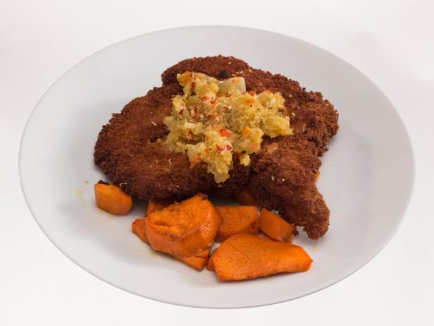 Sweet Crunch Pork Chop with Chow-Chow and Sweet Potatoes