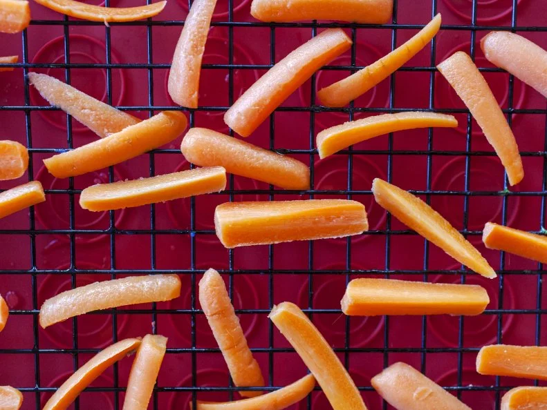 prep shot of baby carrots dehydrating