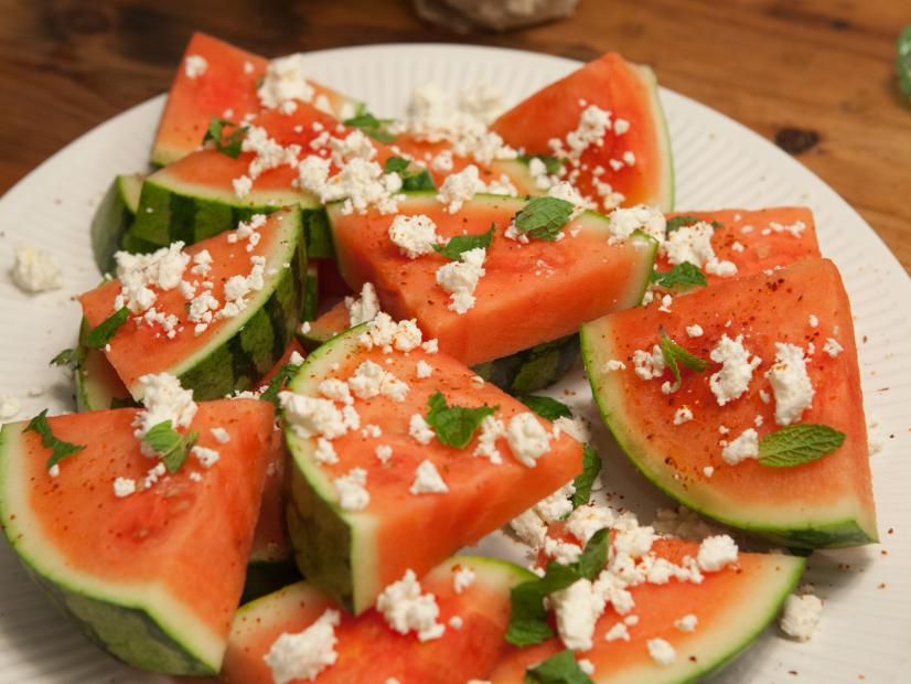 Watermelon with Feta Mint and Chili, as seen on Cooking Channel's Dinner at Tiffani's, Season 1.