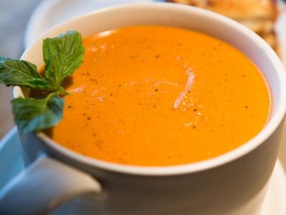 Homeade Roasted Tomato Soup, as seen on Cooking Channel's Dinner At Tiffani's, Season 1.