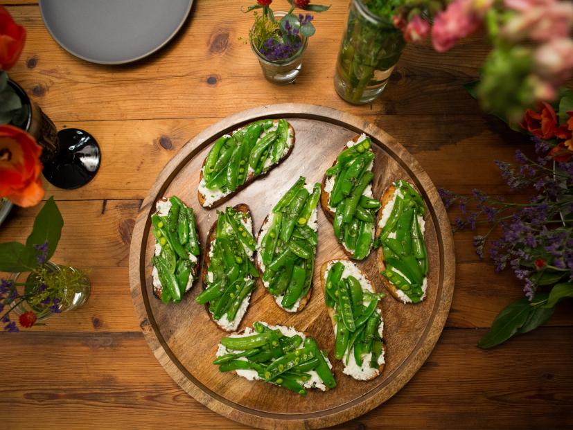 Grilled Ciabatta with Ricotta and Snap Peas, as seen on Cooking Channel's Dinner At Tiffani's, Season 1.