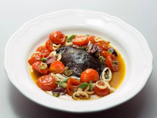 Fresh Calamari, California Puttanesca and Ham Hock Raviolo Recipe | Tyler Florence | Food Network