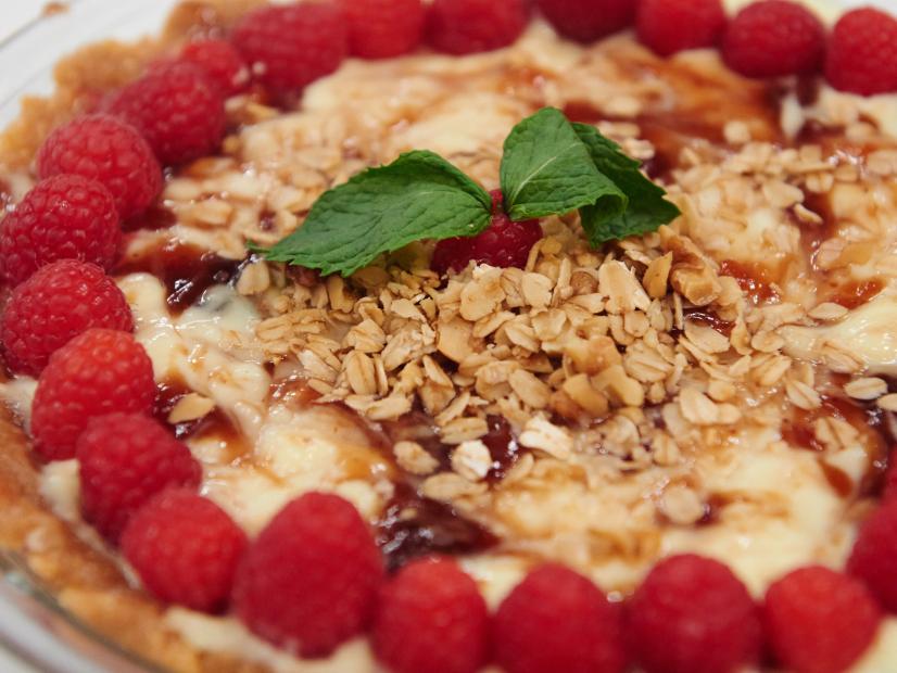 Contestant Cody Vasquez's dish "Raspberry Vanilla Pudding Pie with peanut butter cereal crust" for the challenge "Bake Sale" as seen on Food Network's Kids Baking Championship, Season 1.
