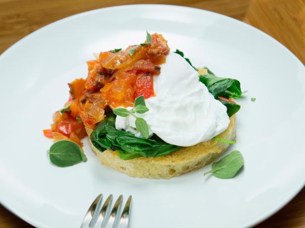 Poached Eggs, Wilted Spinach and Pullman Loaf Toast with Bacon, Onion and Tomato Jam image