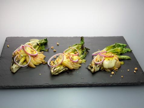 Wilted Romaine Salad with Roasted Pears, Taleggio and Hazelnuts