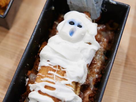 Mexican Pumpkin Bread Pudding Graves with Baked Churro Mummies