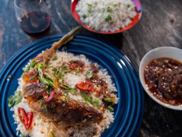 Crispy Whole Thai Fried Fish With Ginger Tamarind Sauce And Coconut Cilantro Rice Pilaf Recipe Guy Fieri Food Network
