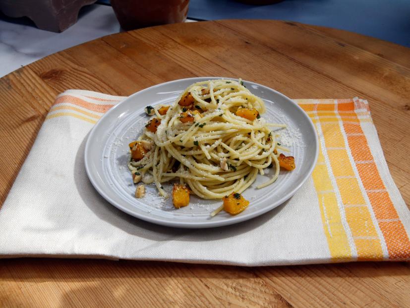 Marcela Valladolid's Spaghetti with Butternut Squash and Sage Butter dish as seen on Food Network's The Kitchen, Season 7.