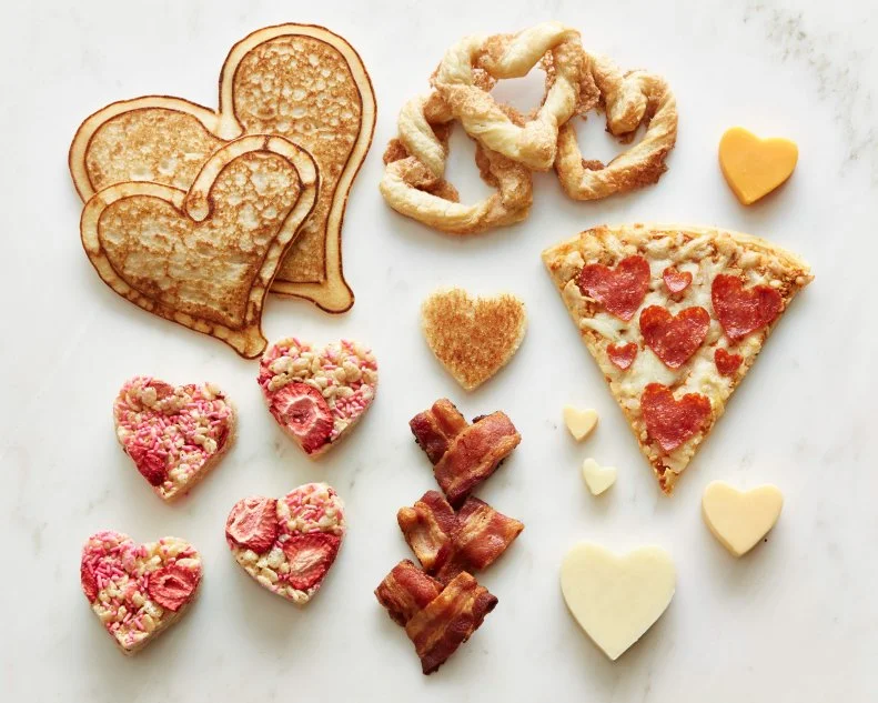 FNK HEARTSHAPED FOODS FOR VALENTINE’S DAY HEART SHAPED FOODS FOR VALENTINE’S DAY, Food Network Kitchen, Food Network, Eggs, Bacon, Pancakes, Shrimp, Cheese, Pepperoni, Pork Chops, Cinnamon, Strawberries, Rice Cereal