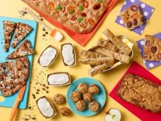 Food Network Kitchen’s Apple Bread, Giant Chocolate Chip Sprinkle Cookie, Focaccia Bread, Mini Morning Glory Loaves, Sweet Grape Focaccia Bread, Sweet Potato Chocolate Chip Muffins, Tomato-Basil Focaccia Bread from Kids Can Bake for KIDS CAN BAKE/KIDS CAN MAKE/EASTER, as seen on Food Network.