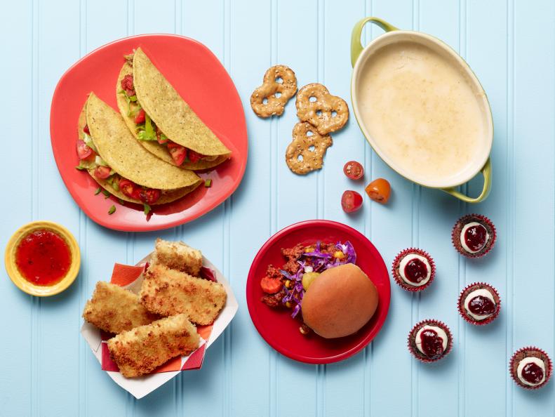 Food Network Kitchen’s Baked Tofu Tenders, Kids Can Make Cheese Fondue, Crunchy Breakfast Tacos, Raspberry and Cream Cheese Brownie Bites, Sloppy Joe Sliders, Waldorf Chicken Boats from Kids Can Make for KIDS CAN BAKE/KIDS CAN MAKE/EASTER, as seen on Food Network