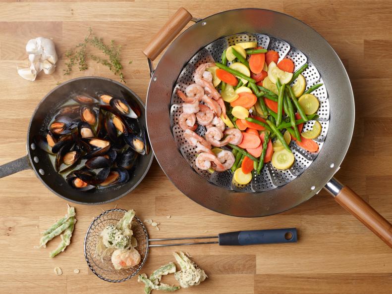 Food Network Kitchen’s Beyond Stir Fry: Popcorn, Eggs, Burgers, Mussels, Deep Frying, Steam Fish and Vegetables, Soup, Fajitas, from 8 New Things to Cook in a Wok for KIDS CAN BAKE/KIDS CAN MAKE/EASTER, as seen on Food Network