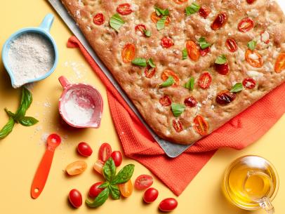 Food Network Kitchen’s Tomato-Basil Focaccia Bread from Kids Can Bake for KIDS CAN BAKE/KIDS CAN MAKE/EASTER, as seen on Food Network.