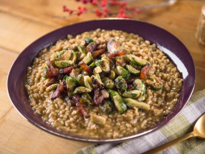 Scott Conant's Parmigiano and Guanciale Risotto with Brussel Sprouts as seen on Food Network’s Bobby Flay’s Barbecue Addiction, Christmas at Bobby’s Special