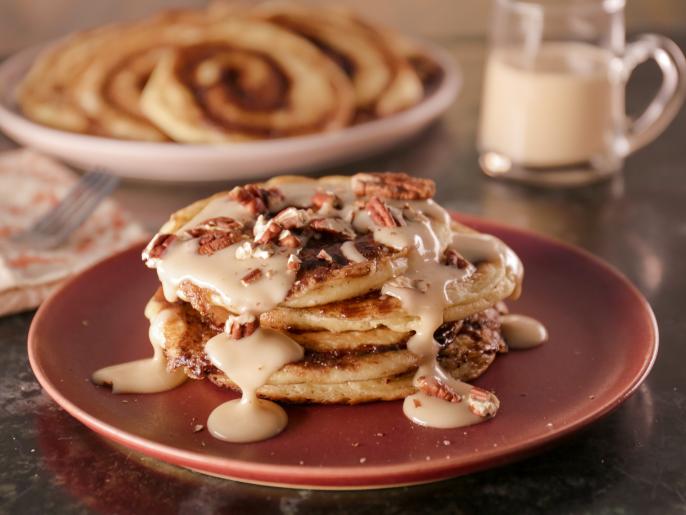 Cinnamon Bun Pancakes with Maple Cream Cheese Glaze Recipe Bobby Flay