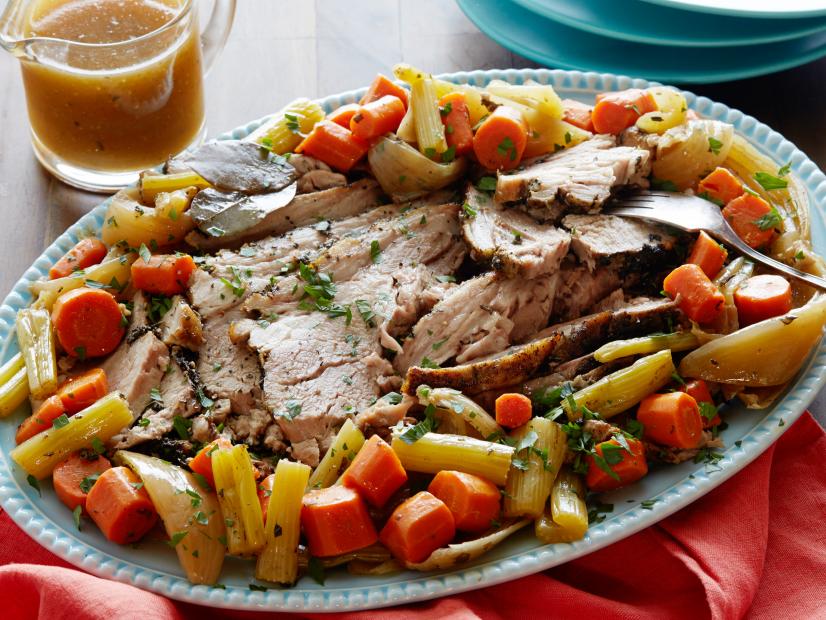 FNK SLOW COOKER PORK ROAST (comfort food) Food Network Kitchen Food Network Rosemary, Sage, Thyme, Olive Oil, Pork Shoulder, White Wine, Garlic, Allspice, Carrots, Celery, Onion, Bay Leaves, Chicken Broth, Cornstarch, Parsley