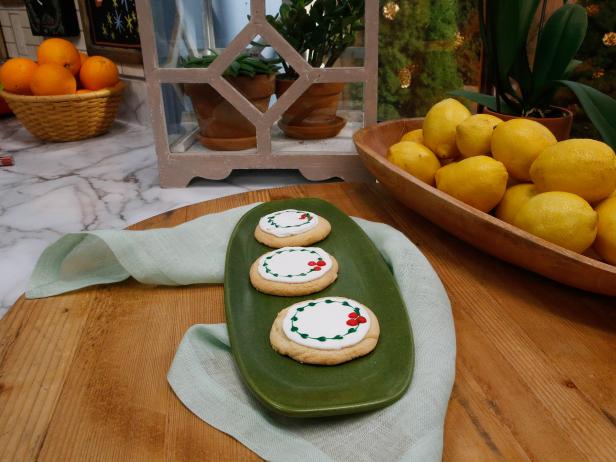 Cookies iced with Geoffrey Zakarian's Christmas Wreath Icing are seen on the set of Food Network's The Kitchen, Season 8.