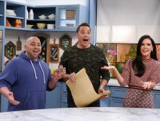 Guest Duff Goldman, left, appears with hosts Jeff Mauro and Katie Lee as seen on Food Network's The Kitchen, Season 8.