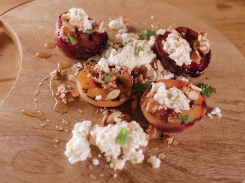 Grilled Stone Fruit with Farmer's Cheese and Spiced Honey Almonds