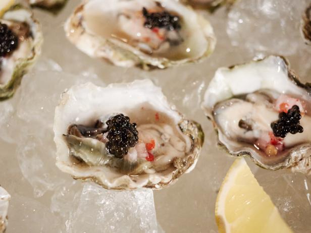 Detail of Host Giada de Laurentiis' dish, Oysters and Caviar, as seen on Food Network’s Giada Entertains, Season 1.