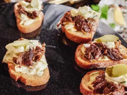 Detail of Host Giada de Laurentiis' dish, Short Rib Crostini with Remoulade, as seen on Food Network’s Giada Entertains, Season 1.