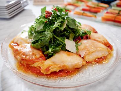 Detail of Host Giada de Laurentiis' dish, Chicken Parmesan Salad, as seen on Food Network’s Giada Entertains, Season 1.
