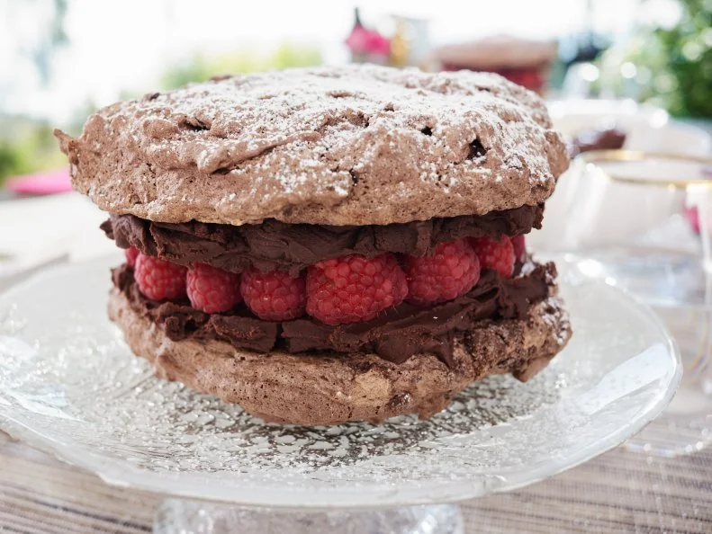 Detail of Host Giada de Laurentiis' dish, Dark Chocolate Macaron Cake, as seen on Food Network’s Giada Entertains, Season 1.