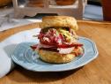 A biscuit sandwich using Jeff Mauro's Super Fine Pork Slaw and Smithfield ham is seen on the set of Food Network's The Kitchen, Season 8.