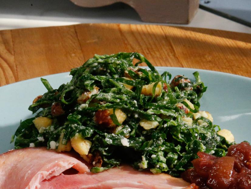 Smithfield ham paired with Geoffrey Zakarian's Fig Chutney and Collard Salad with Hazelnuts, Pecorino and Mustard Vinaigrette is seen on the set of Food Network's The Kitchen, Season 8.
