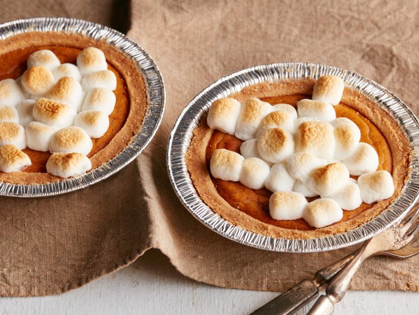 FNK SWEET POTATO PIE FOR TWO Food Network Kitchen Food Network Allpurpose Flour, Unsalted Butter, Sugar, Confectioners’ Sugar, Eggs, Heavy Cream, Dark Brown Sugar, Vanilla Extract, Cinnamon, Allspice, Sweet Potato Puree, Unsalted Butter, Mini Marshmallows, Whipped Cream