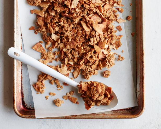 FNK APPLE PIE GRANOLA Food Network Kitchen Food Network Unsalted Butter, Light Brown Sugar, Maple Syrup, Vanilla Extract, Apple Pie Spice, Rolled Oats, Cinnamon Sugar Pita Chips, Apple Chips