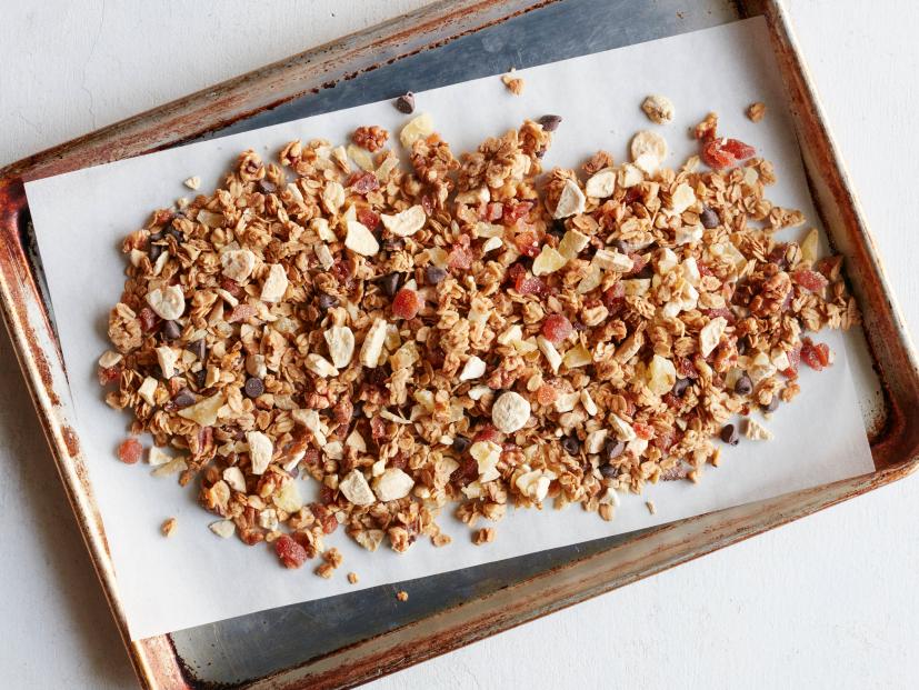 FNK BANANA SPLIT GRANOLA Food Network Kitchen Food Network Unsalted Butter, Light Brown Sugar, Maple Syrup, Vanilla Extract, Rolled Oats, Walnuts, Freeze Dried Bananas, Semisweet Chocolate Chips, Dried Strawberries, Dried Pineapple