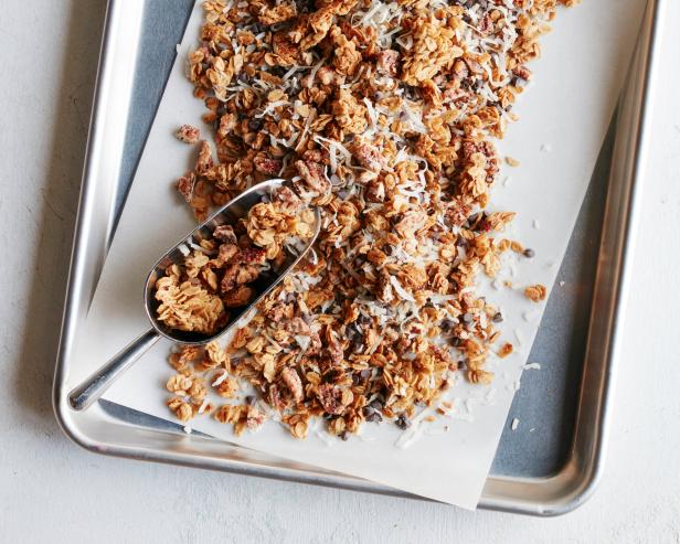 FNK GERMAN CHOCOLATE GRANOLA Food Network Kitchen Food Network Unsalted Butter, Light Brown Sugar, Maple Syrup, Vanilla Extract, Rolled Oats, Shredded Sweetened Coconut, Candied Pecans, Semisweet Chocolate Chips