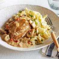 CHICKEN IN MUSTARD Melissa d’Arabian Ten Dollar Dinners/Chicken for Change Food Network Chicken Thighs, Olive Oil, Onion, White Button Mushrooms, Garlic, Tomato, Flour, Tarragon, White Wine, Chicken Stock, Dijon Mustard, Sour Cream, Chicken Bouillon Cubes, Egg Noodles, Butter, Parsley