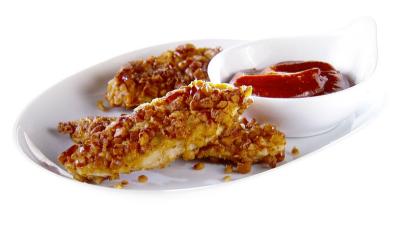 Pretzel-Crusted Chicken Fingers with Curry Ketchup