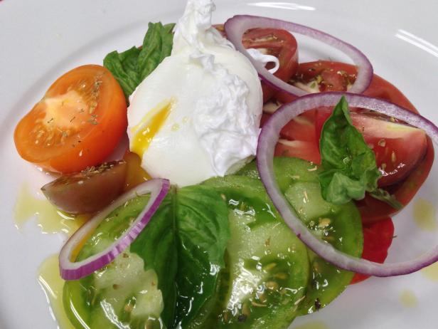 Poached Farm Eggs with Heirloom Tomatoes, Red Onions, Oregano and Feta
