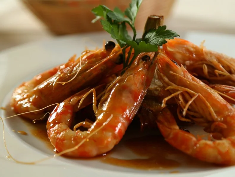 WS of the King Prawn dish from Windows on the World in Montecatini-Alto, Italy as seen on Food Networks Diners, Drive-Ins and Dives episode 2202.