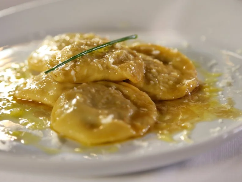 CU shot of the Oxtail Tortelli from Port Ellen Clan in Lucca, Italy as seen in Food Network's Diners, Drive-Ins and Dives episode 2202.