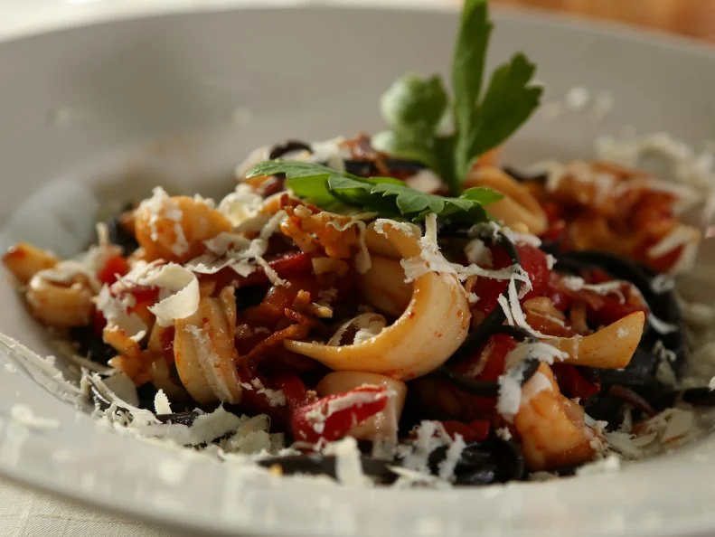 WS shot of the Squid Ink Spaghetti from Windows on the World in Montecatini-Alto, Italy as seen on Food Networks Diners, Drive-Ins and Dives episode 2202.