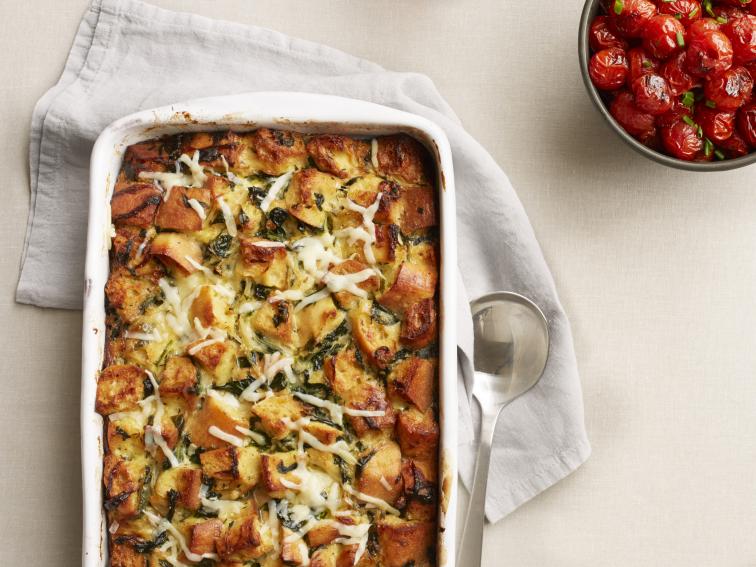 Caramelized Onion, Spinach and Gruyere Strata with Sauteed Cherry Tomatoes Recipe Bobby Flay