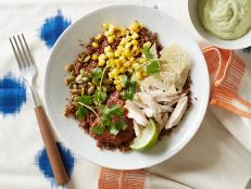 Food Network Kitchenâ  s quinoa bowl with chicken and avocado cream sauce as seen on Food Network.