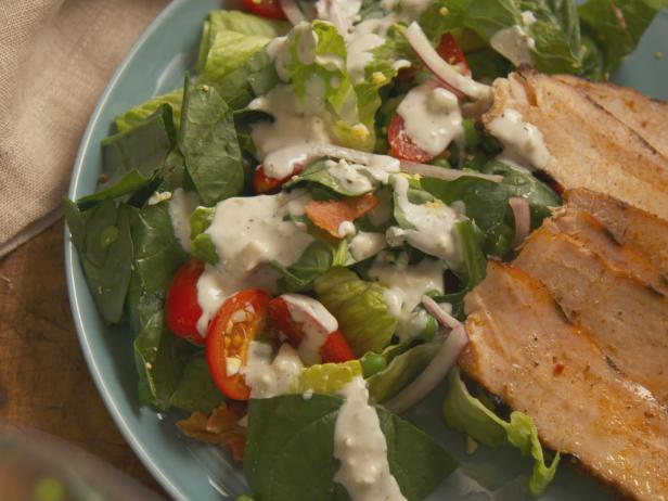 Pork Chop Layered Salad with Blue Cheese Dressing