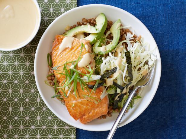 Food Network Kitchenâ  s wheat berry bowl with salmon and miso sauce as seen on Food Network.