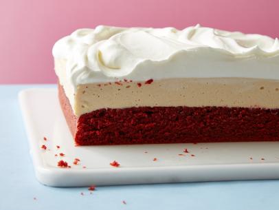 Food Network Kitchen’s layered desserts red velvet cheesecake bars as seen on Food Network.