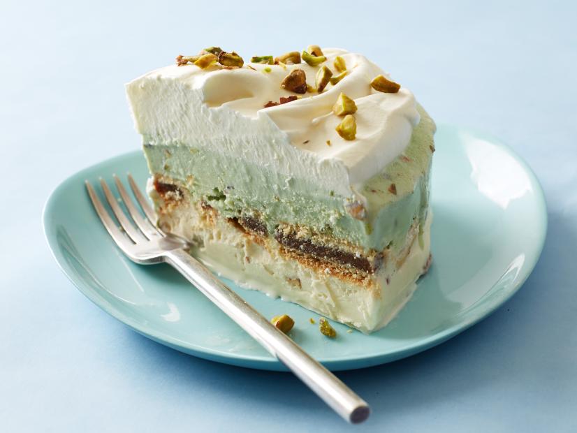 Food Network Kitchen’s layered desserts pistachio fig ice cream cake as seen on Food Network.