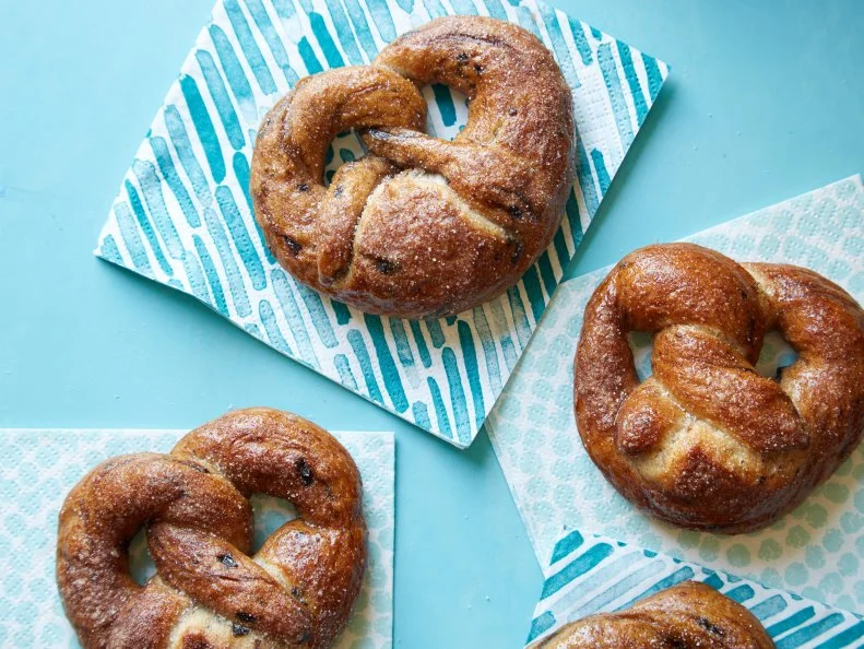 Food Network Kitchenâ  s healthy snacks cinnamon raisin soft pretzels as seen on Food Network.