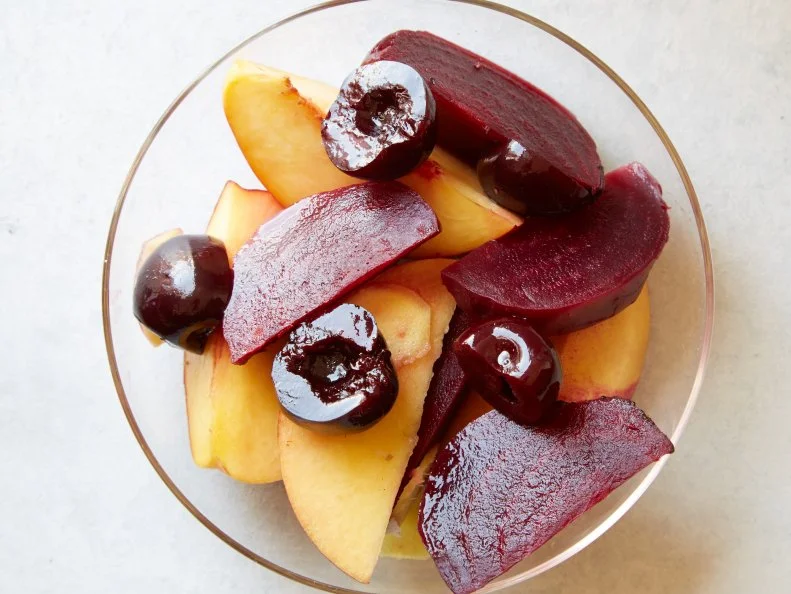 Food Network Kitchenâ  s Nectarine, Cherry, Beet, and Fresh Ginger Fruit Salad as seen on Food Network.
