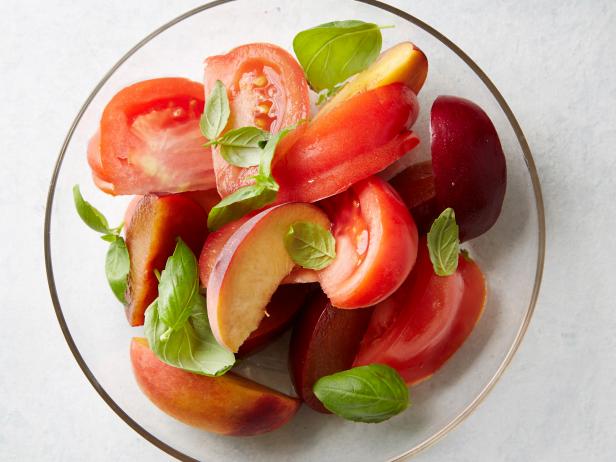Food Network Kitchenâ  s Peach Plum Beefsteak Tomatoes and Basil as seen on Food Network.