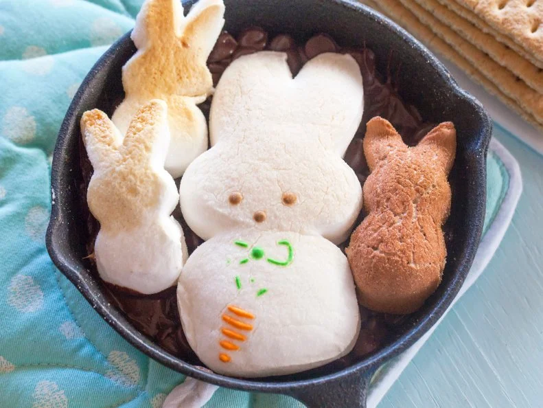Layer chocolate chips, optional nuts and Peeps in skillet, then bake, Diip in graham crackers. . Food Photography, Ideas and Recipes By Jackie Alpers for Food Network.